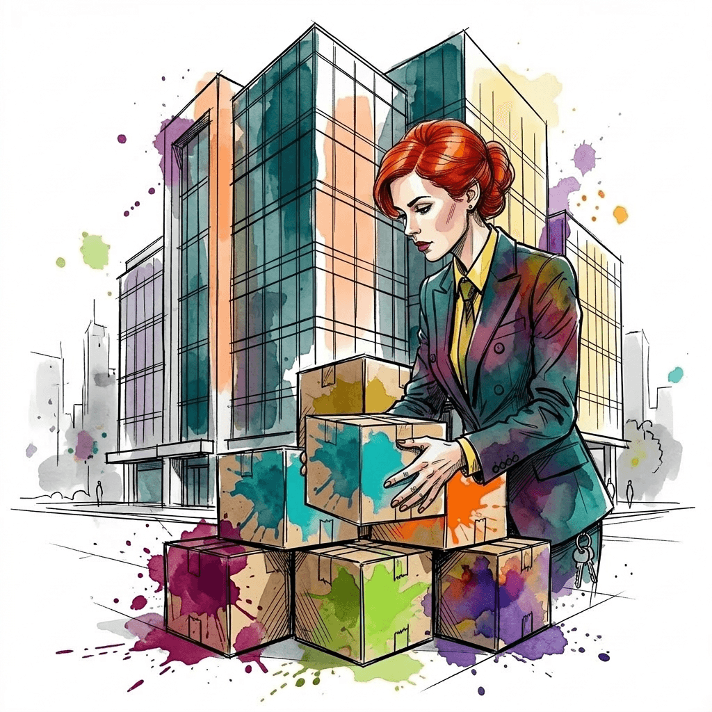 Manager picking up box in-front of a Building