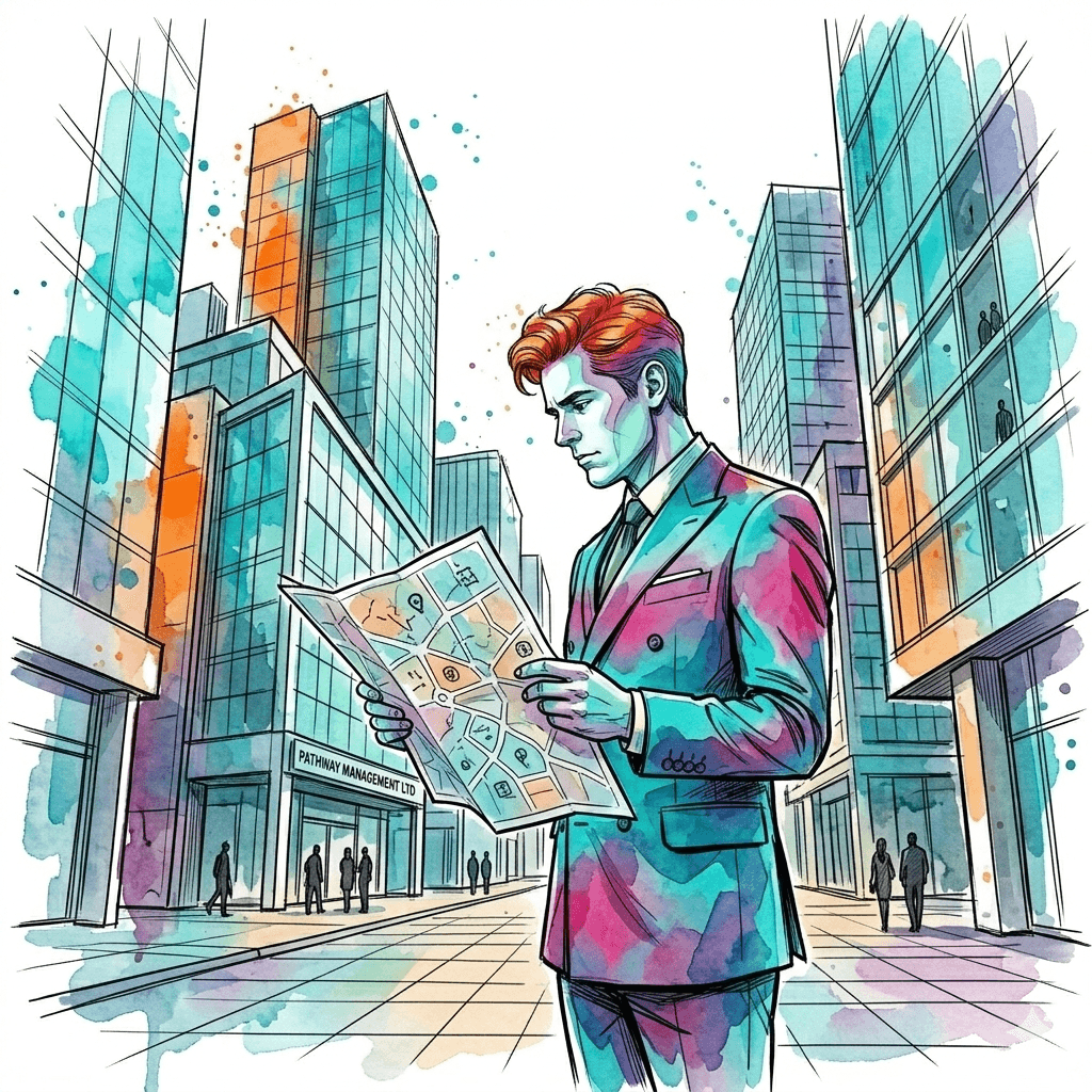 Manager holding a map in-front of Buildings