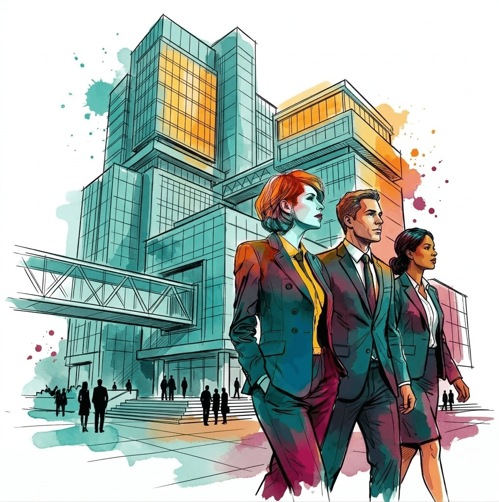 3 Managers in-front of a Building