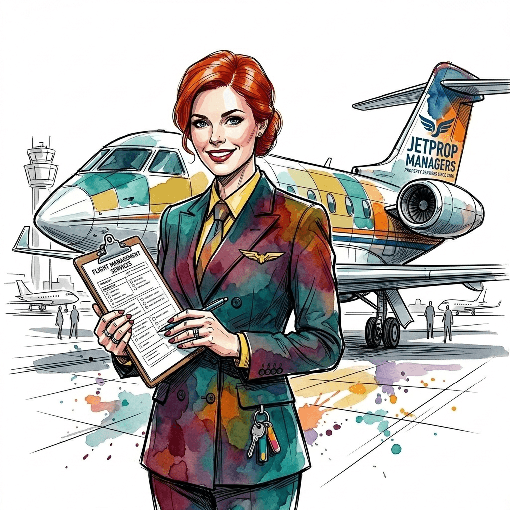 property manager as a pilot in front of a private jet at the airport