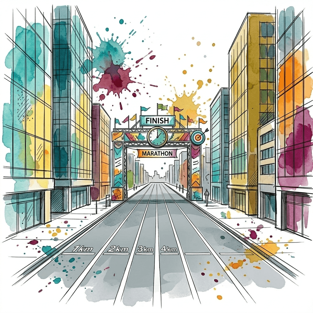 empty marathon track between buildings with finish line at the end